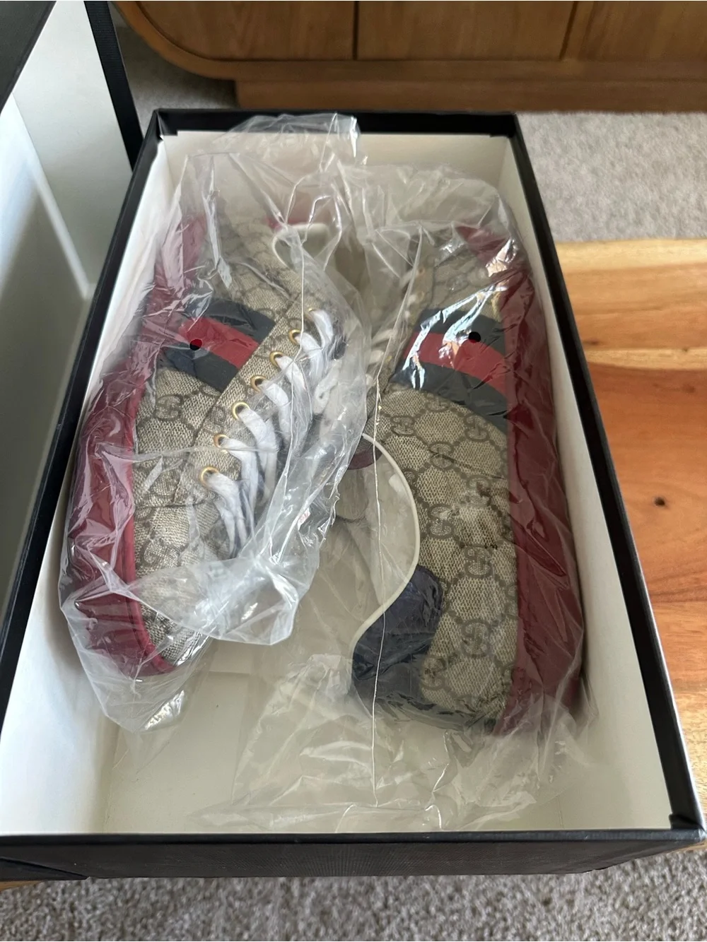 Gucci Beige GG Canvas Sneaker with Red & Navy Web Stripe